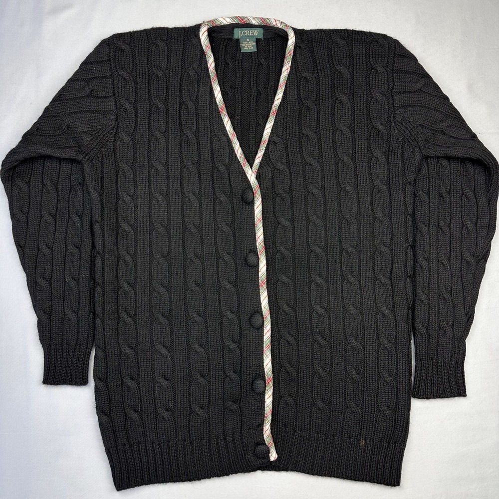 Vintage J Crew Women Cable Knit Cardigan Sweater Small Black Wool Academia 90s